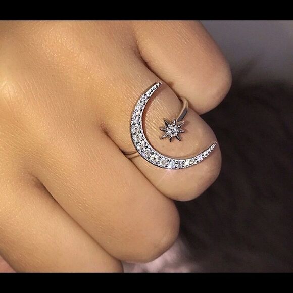 Crescent Moon & Star CZ Diamond Ring - Picture 1 of 4